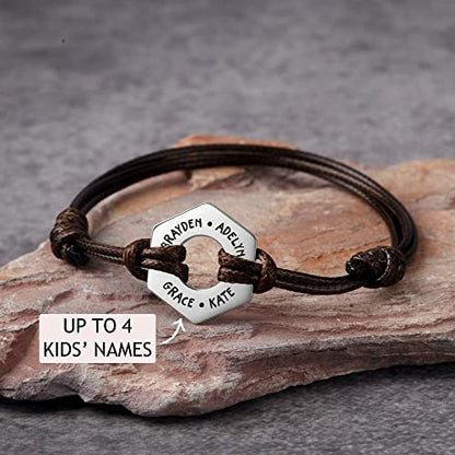 Dad Bracelet With Kids Names, Leather Mens Name Bracelet