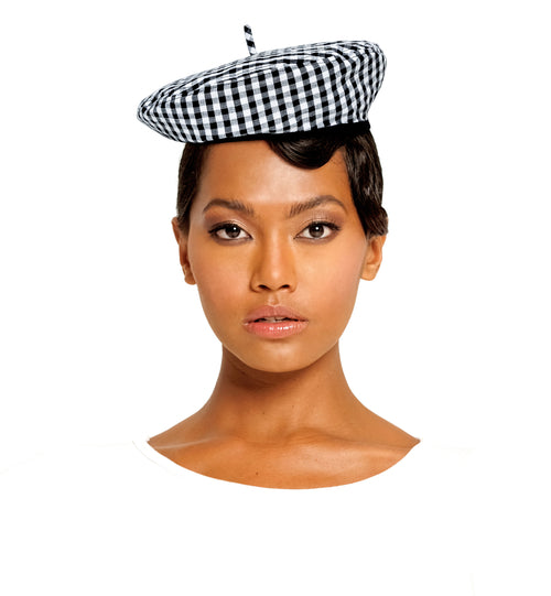 SIMONE Gingham Beret Hat In Black